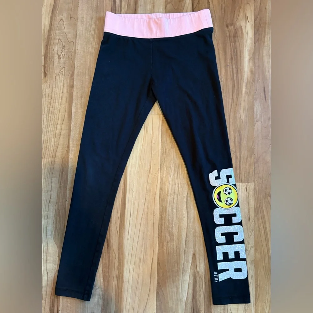 Justice Soccer Leggings, Black with Glitter Decal and Peach Waistband, Size 12